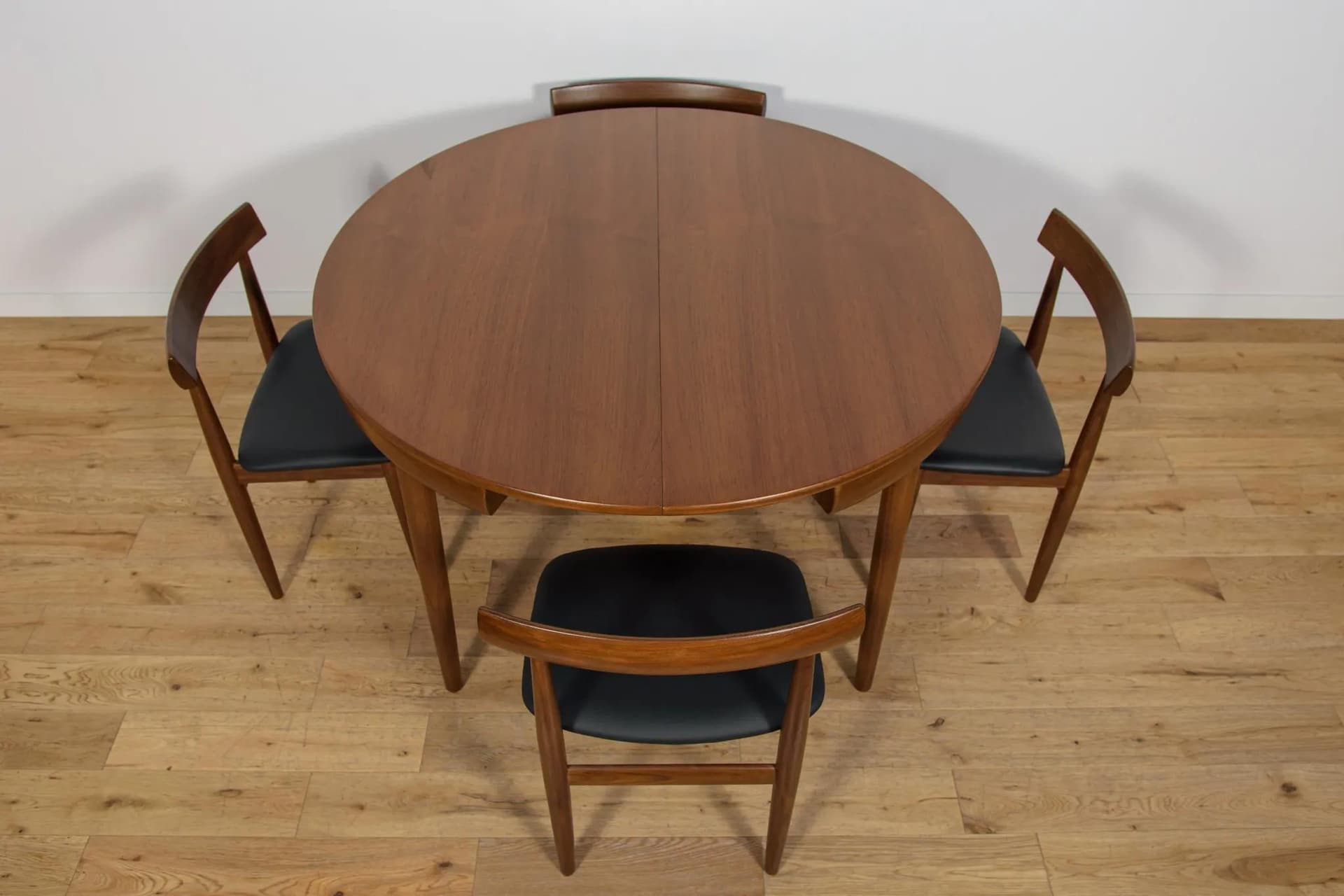 Zestaw jadalniany, drewno tekowe brązowy, skóra czarna, proj. H. Olsen, Frem Røjle, Dania, lata 60. - 70533