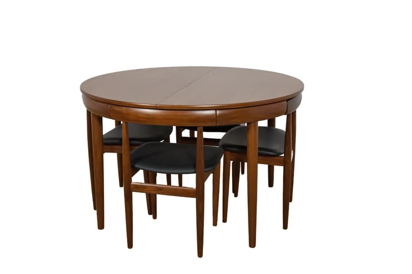 Zestaw jadalniany, drewno tekowe brązowy, skóra czarna, proj. H. Olsen, Frem Røjle, Dania, lata 60.