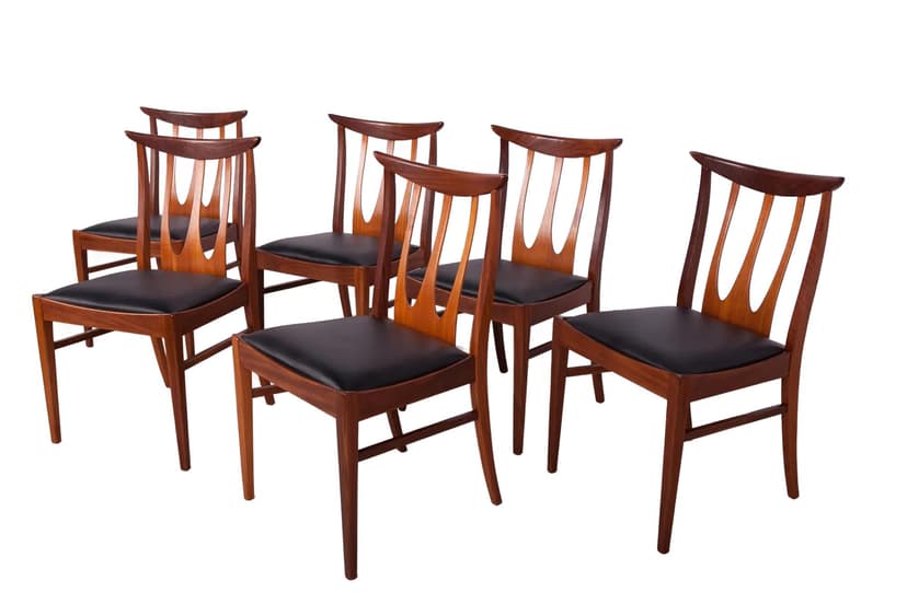 Komplet sześciu krzeseł Brasilia, teak ciemny, skóra czarna, G-Plan, Wielka Brytania, lata 50.