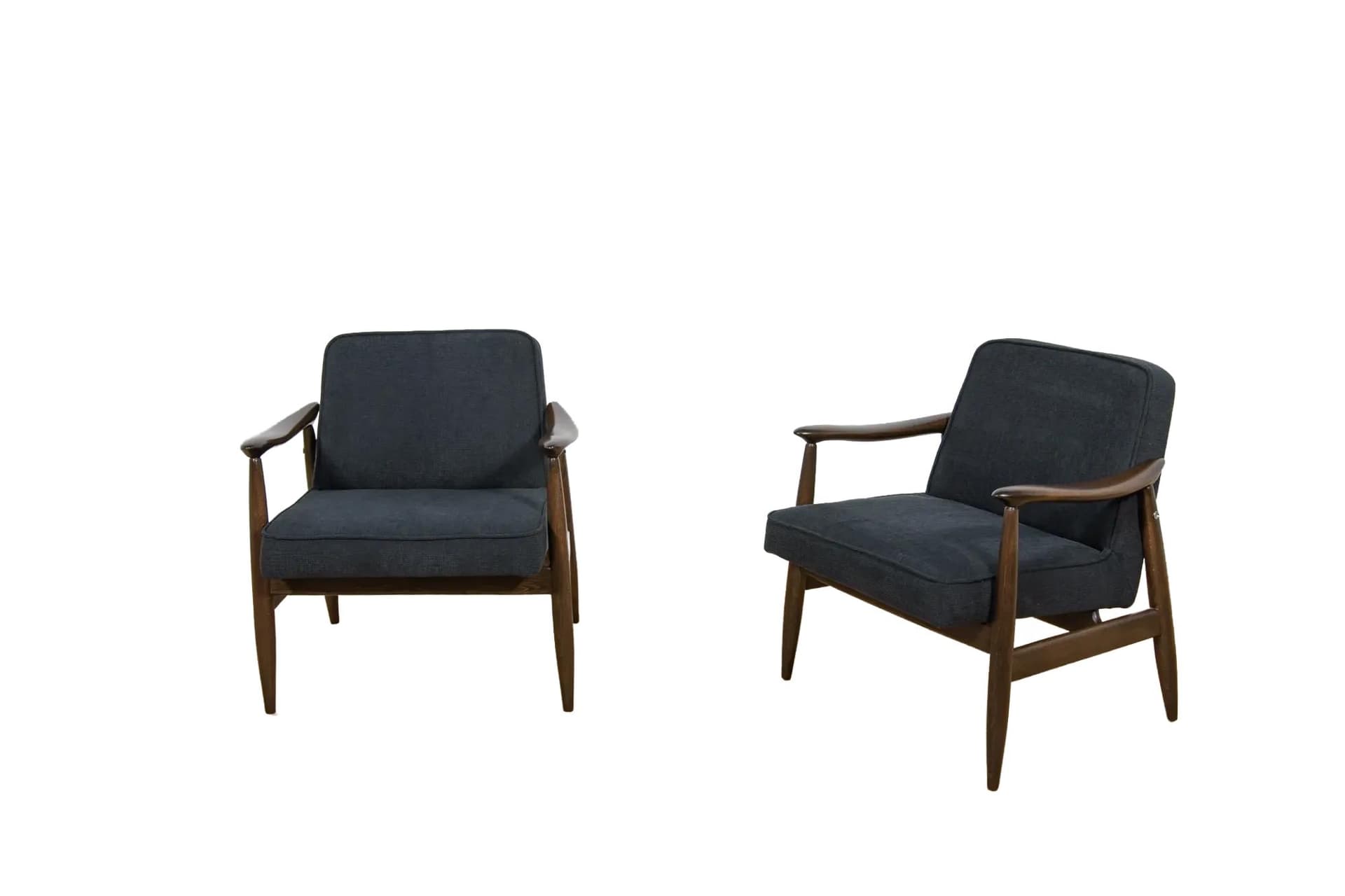 Pair of armchairs GFM-87, brown wood, black fabric, by J. Kędziorek, Poland, 1970s.
