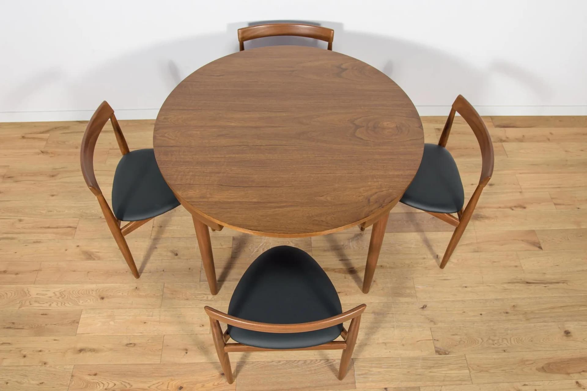 Zestaw jadalniany, drewno tekowe brązowy, skóra czarna, proj. H. Olsen, Frem Røjle, Dania, lata 50. - 70458