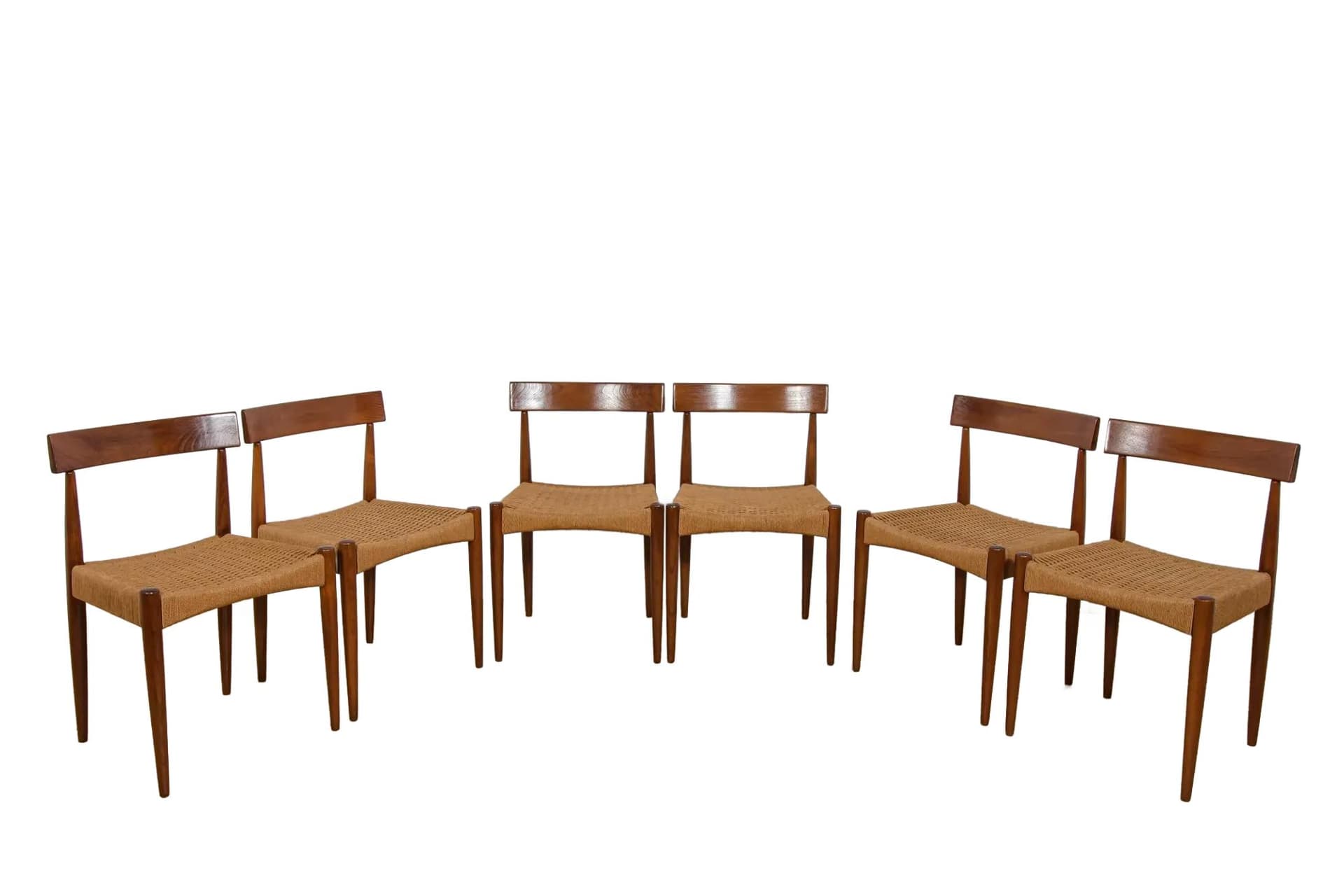 Komplet sześciu krzeseł, teak brązowy, proj. A. Hovmand-Olsen, Dania, lata 60.