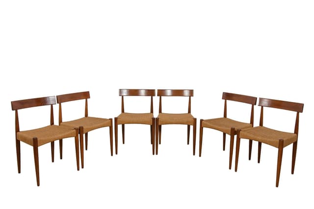 Komplet sześciu krzeseł, teak brązowy, proj. A. Hovmand-Olsen, Dania, lata 60. - WYMIARY