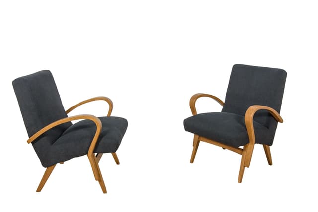Para foteli, dąb jasny, tkanina czarna, Czechosłowacja, lata 60. - WYMIARY
