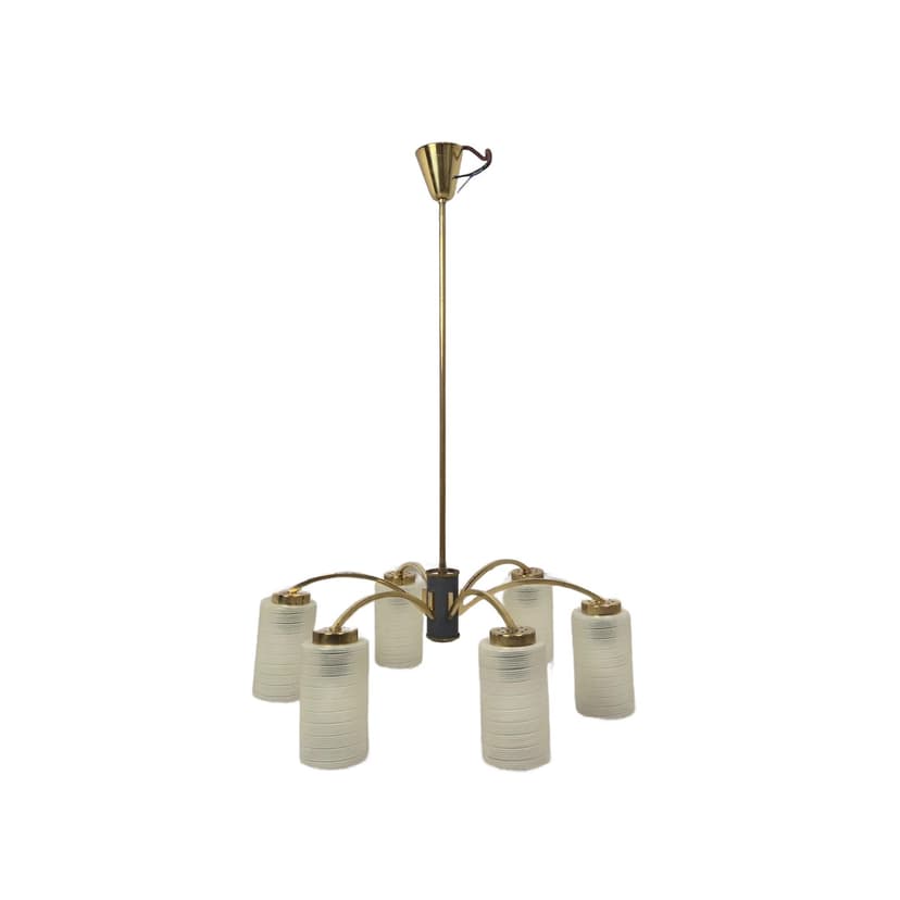 Żyrandol Rockabilly, mosiądz, szkło kremowy, Niemcy, lata 50.
