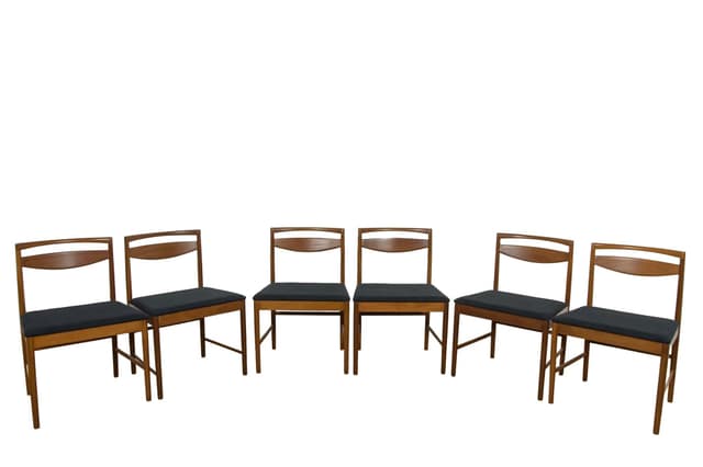Komplet sześciu krzeseł Model 9513, drewno teak brązowy, tkanina czarna, proj. T. Robertson, dla McIntosh, Wielka Brytania, lata 70. - WYMIARY