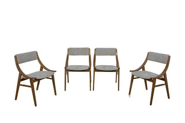 Komplet czterech krzeseł Skoczek, orzech, tkanina szara, proj. J. Kędziorek, Zamojska Fabryka Mebli, Polska, lata 70. - WYMIARY