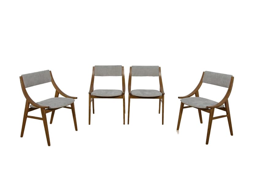 Komplet czterech krzeseł Skoczek, orzech, tkanina szara, proj. J. Kędziorek, Zamojska Fabryka Mebli, Polska, lata 70.