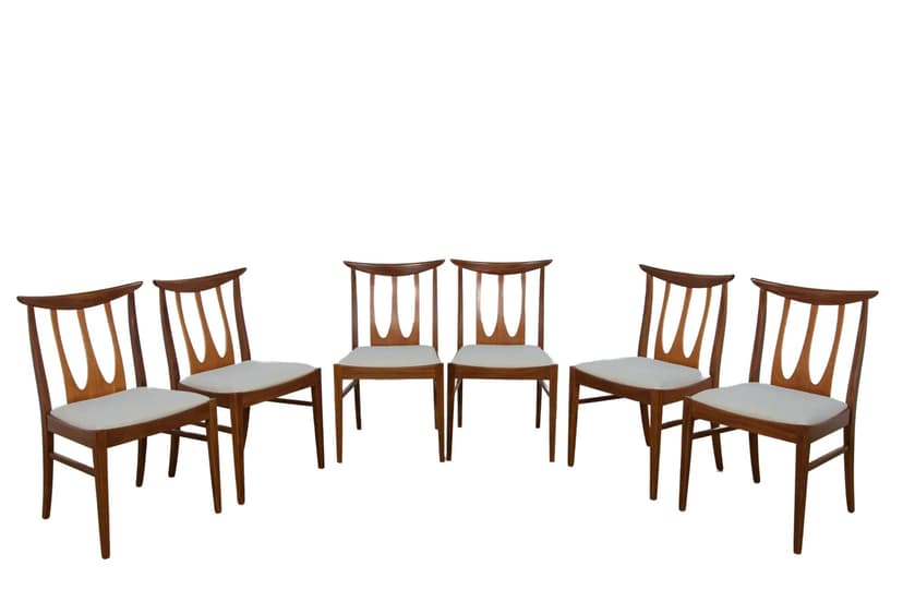 Komplet sześciu krzeseł Brasilia, teak brązowy, kremowa tkanina, G-Plan, Wielka Brytania, lata 50.