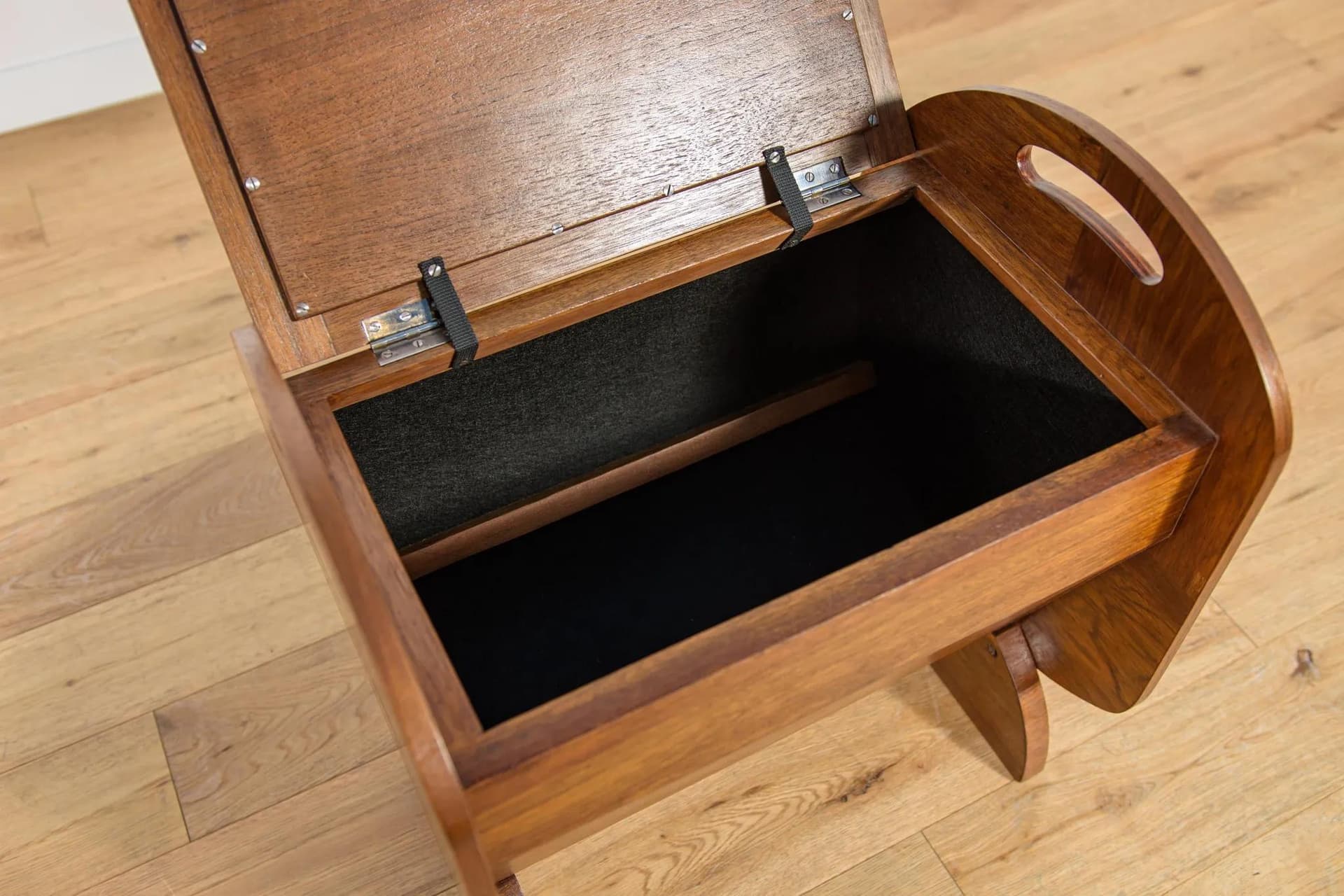 Pufa Art Deco, orzech brązowy, skóra czarna, Wielka Brytania, lata 30. - 70162