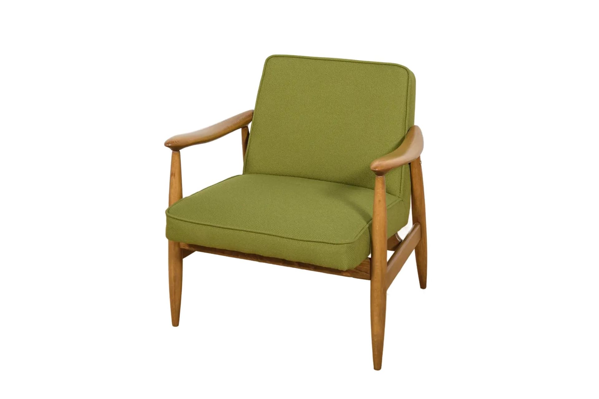 Fotel GFM-87, dąb, wełna zielona, proj. J. Kędziorek, Polska, lata 70.