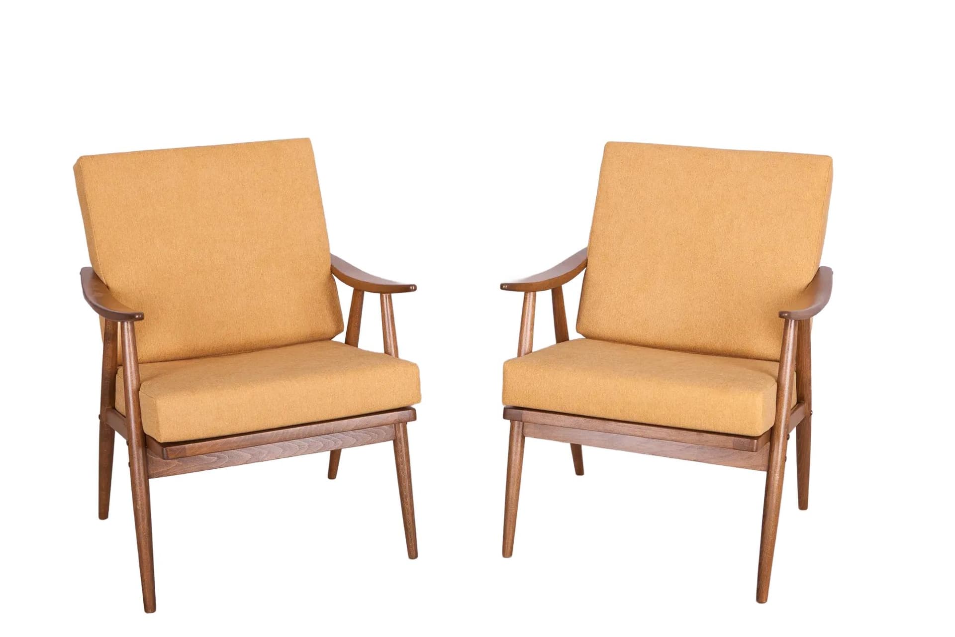 Pair of armchairs, yellow fabric, walnut beech, TON, Czechoslovakia, 1960s.
