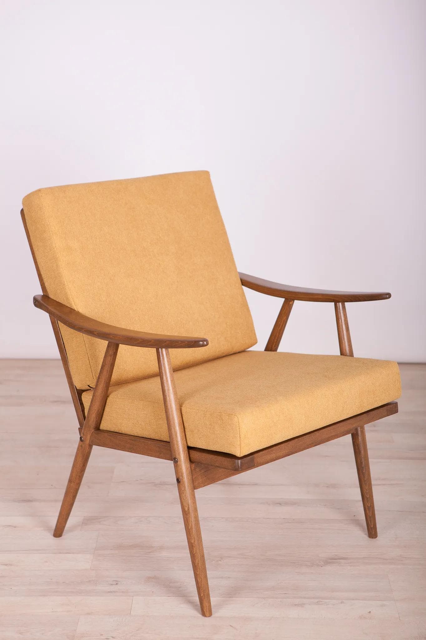 Pair of armchairs, yellow fabric, walnut beech, TON, Czechoslovakia, 1960s. - 70028