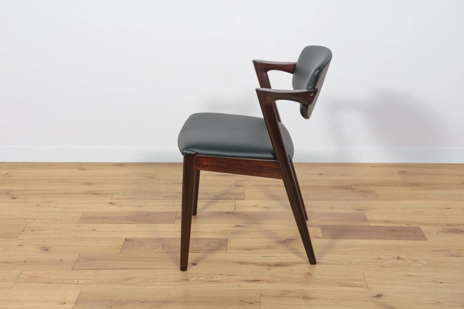 Set of six chairs Model 42, dark brown rosewood, black leather, by K. Kristiansen, Denmark, 1960s. - 69993