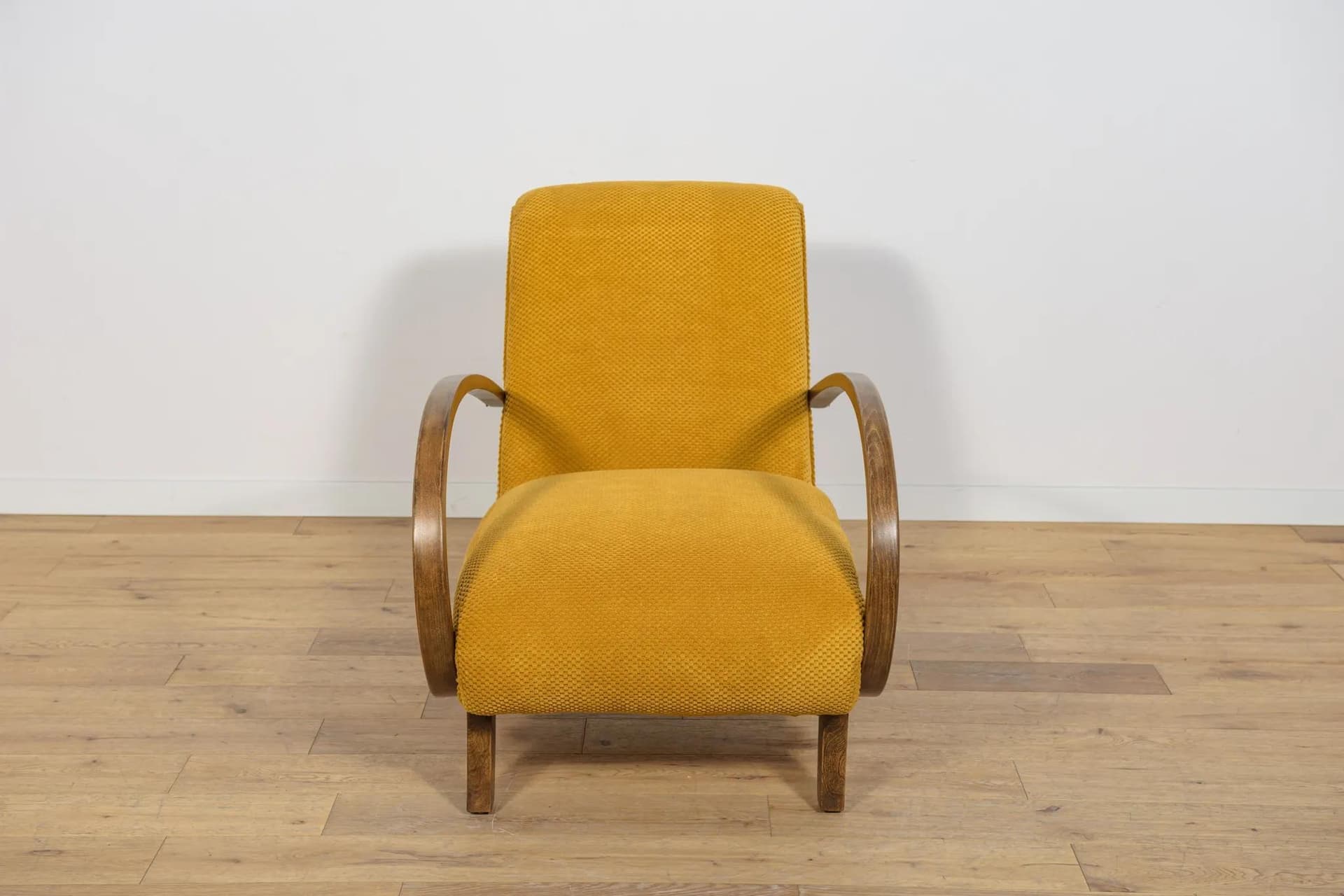 Fotel Art Deco, żółta tkanina, buk, Polska, lata 30. - 69923