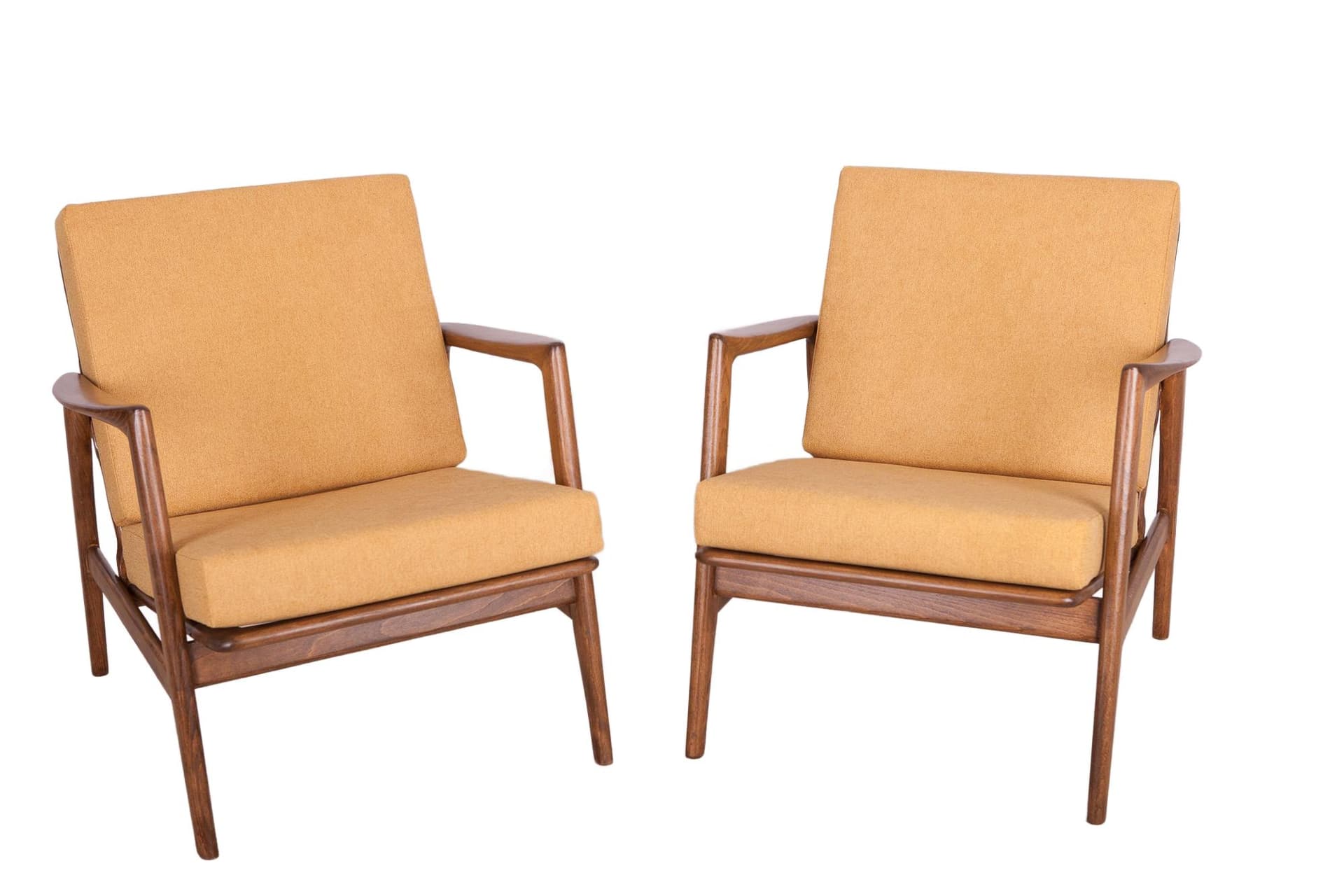 Pair of armchairs 300-139, mustard, beech, Swarzędzka Fabryka Mebli, Poland, 1960s