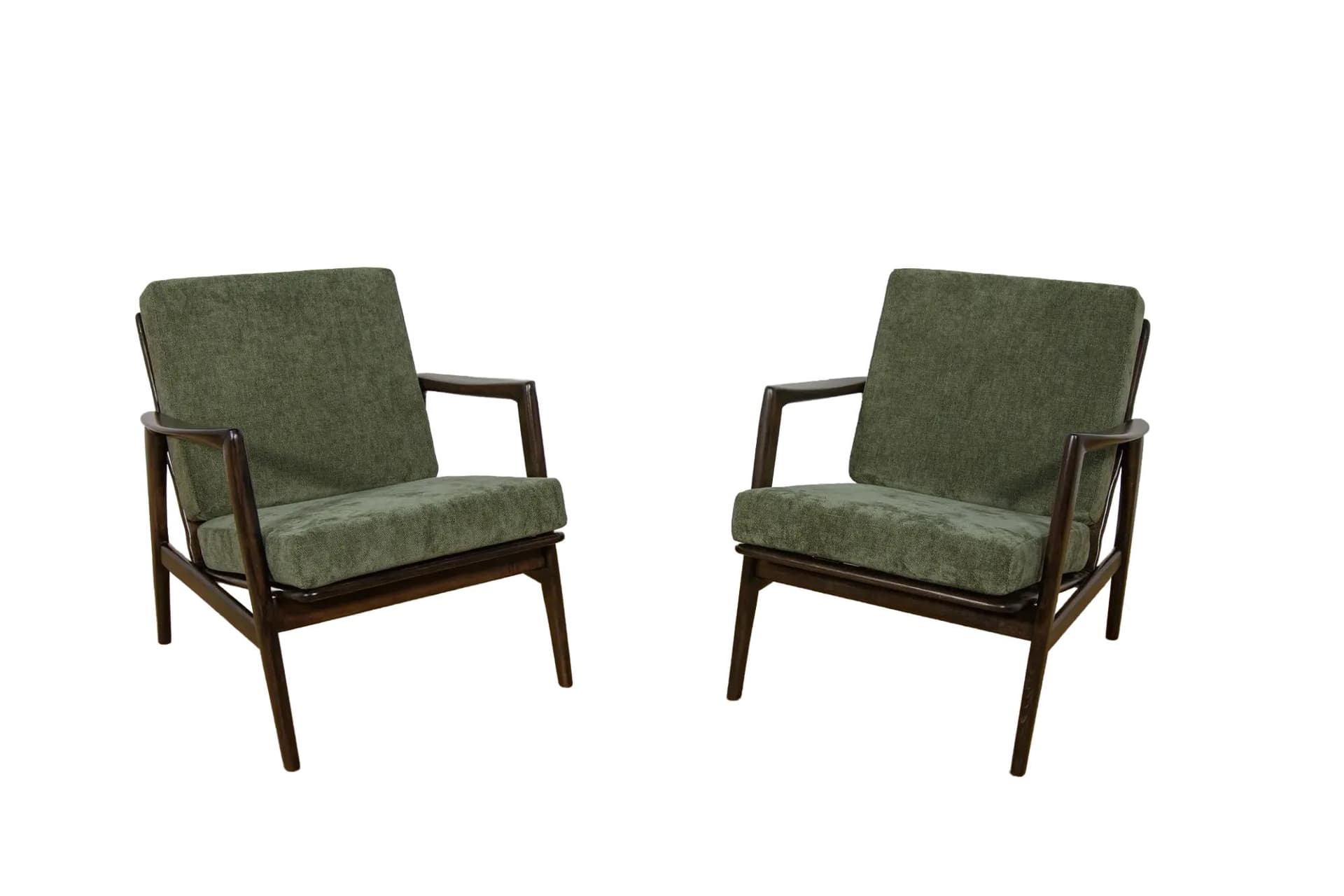Pair of armchairs 300-139, olive velvet, rosewood-stained beech, Swarzędzka Fabryka Mebli, Poland, 1960s.
