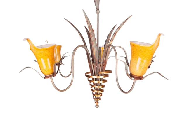 Żyrandol neosecesyjny, żółty, metal, porcelana, Włochy, lata 70. - WYMIARY