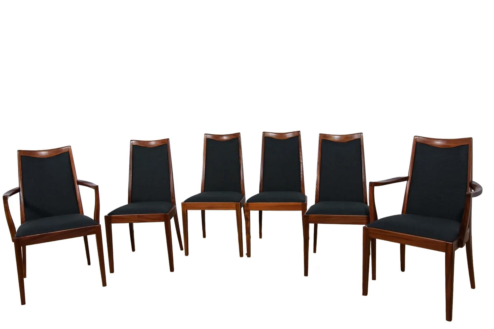 Komplet czterech krzeseł i dwóch foteli, teak, tapicerka czarna, proj. L. Dandy, G-Plan, Wielka Brytania, lata 60.