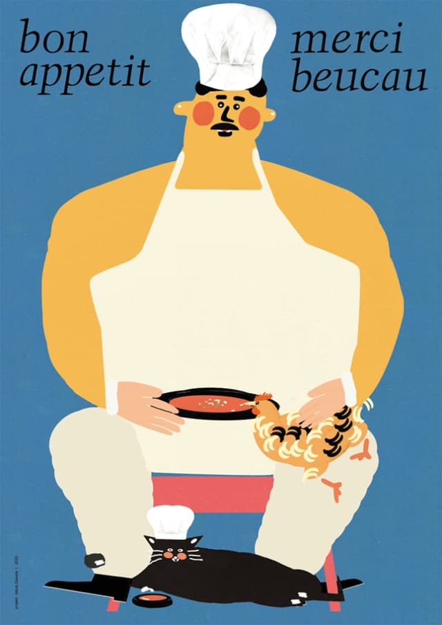 Plakat Bon appetit, merci beucau, kucharz z kotem i kurą pijącą zupę pomidorową, 50x70 cm, aut. J. Zasada, Jakub Zasada - WYMIARY