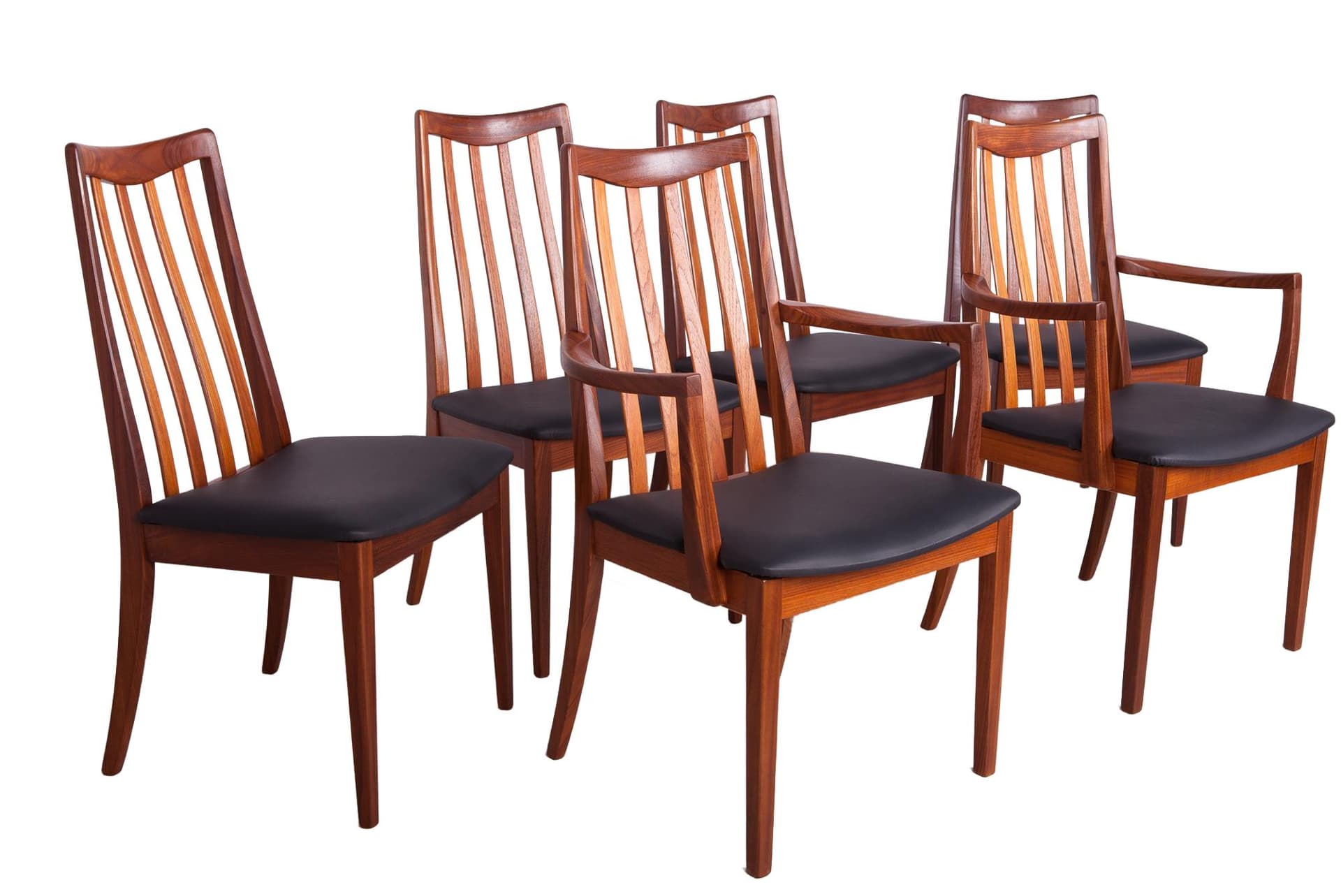 Komplet czterech krzeseł i dwóch foteli, teak brązowy, skóra czarna, proj. L. Dandy, G-Plan, Wielka Brytania, lata 60.