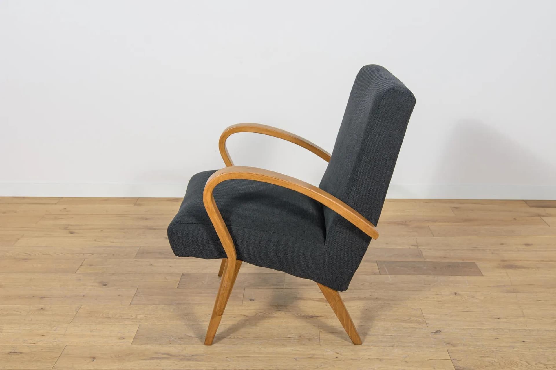 Armchair, light brown wood, black fabric, Czechoslovakia, 1960s - 72675