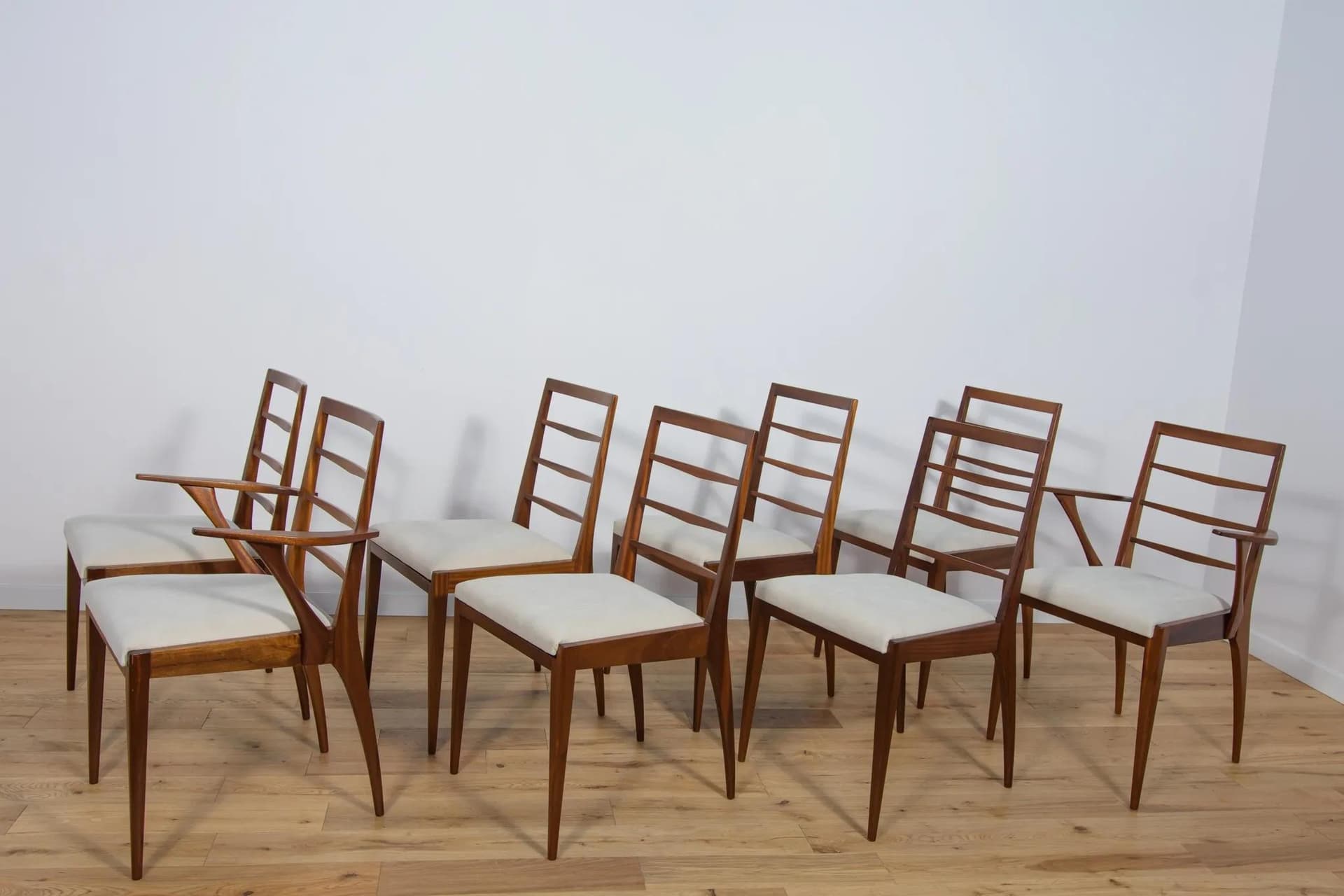 Set of six chairs and two armchairs, teak, ivory white, McIntosh, United Kingdom, 1960s. - 72631