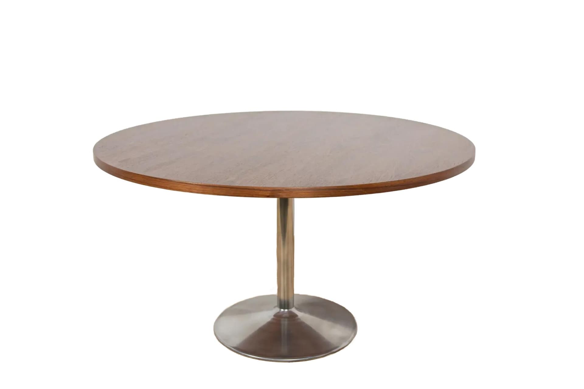 Stół okrągły, fornir Jatoba brązowy, aluminium srebrny, Dania, lata 70.