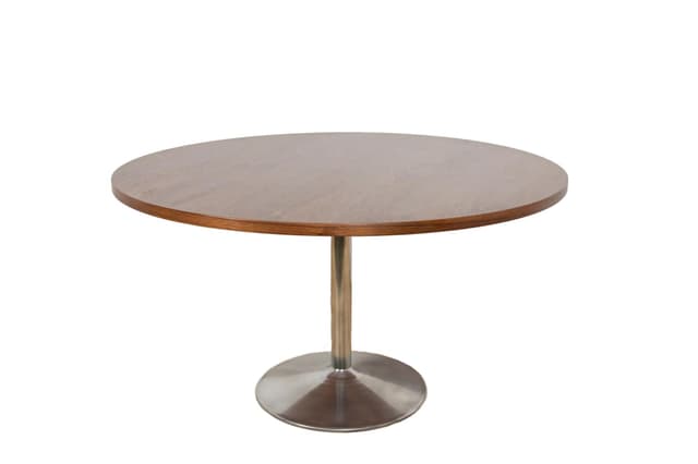 Stół okrągły, fornir Jatoba brązowy, aluminium srebrny, Dania, lata 70. - WYMIARY