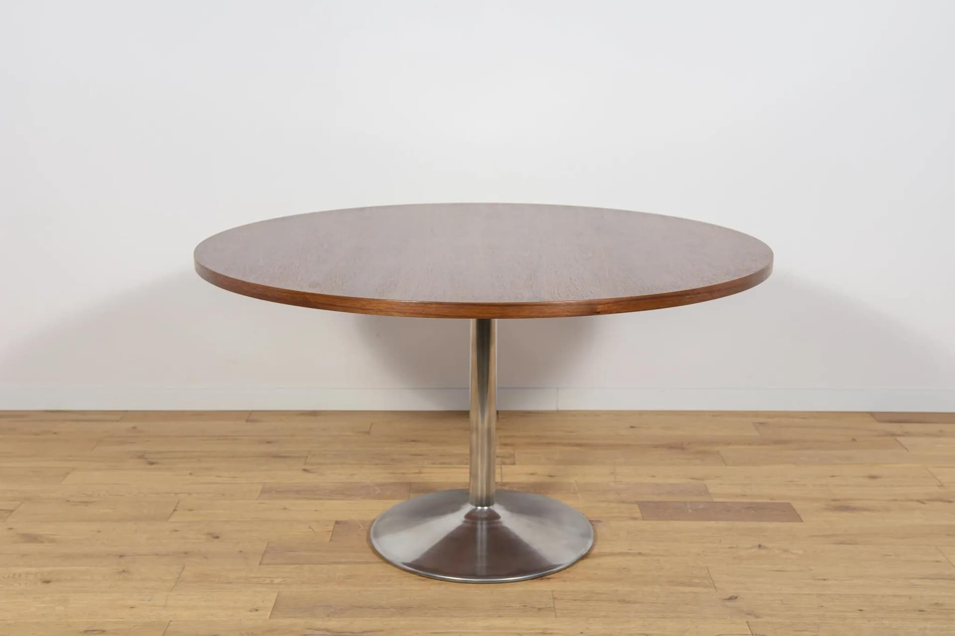 Stół okrągły, fornir Jatoba brązowy, aluminium srebrny, Dania, lata 70. - 72592