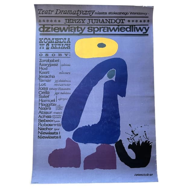 Plakat teatralny Dziewiąty Sprawiedliwy, granatowy, papier, aut. J. Młodożeniec, Polska, lata 60. - WYMIARY