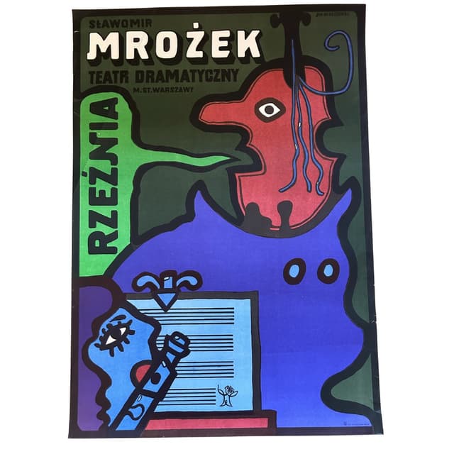 Plakat teatralny Rzeźnia, 90x63 cm, papier, aut. J. Młodożeniec, Polska, lata 70. - WYMIARY