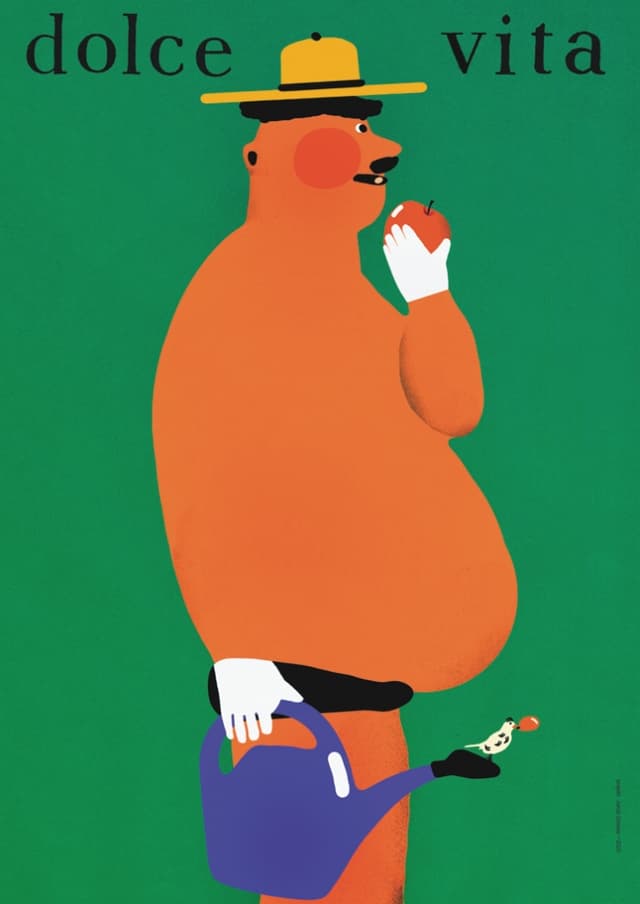 Plakat Dolce vita, opalony działkowiec z konewką, 50x70 cm, aut. J. Zasada, Jakub Zasada - WYMIARY