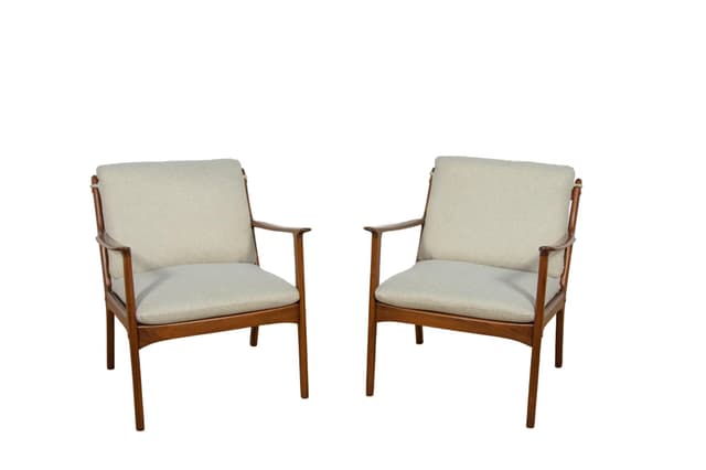 Pair of armchairs PJ112, mahogany brown, ivory wool, by O. Wanscher, Poul Jeppesens Møbelfabrik, Denmark, 1960s. - DIMENSION