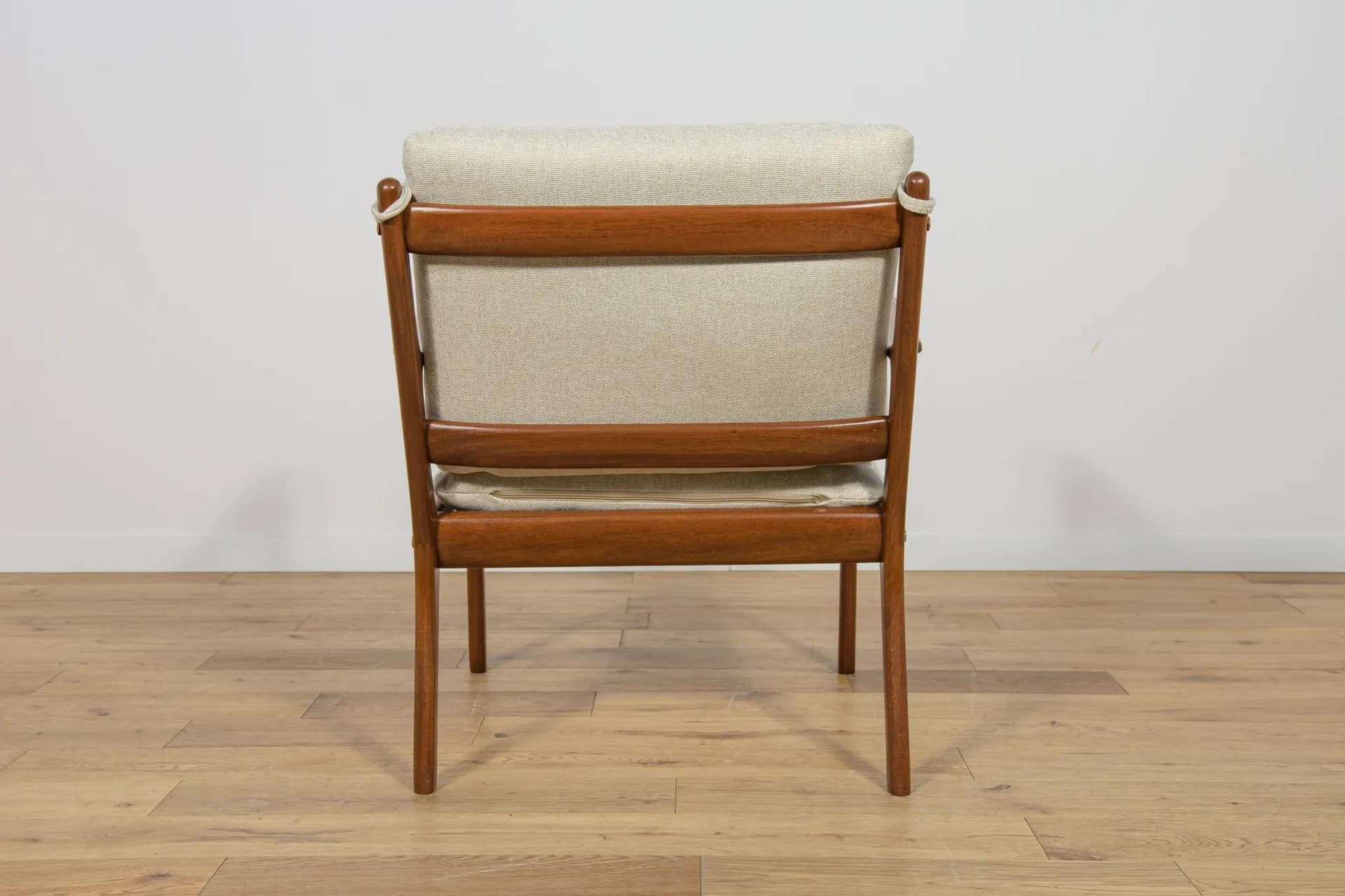 Pair of armchairs PJ112, mahogany brown, ivory wool, by O. Wanscher, Poul Jeppesens Møbelfabrik, Denmark, 1960s. - 74116
