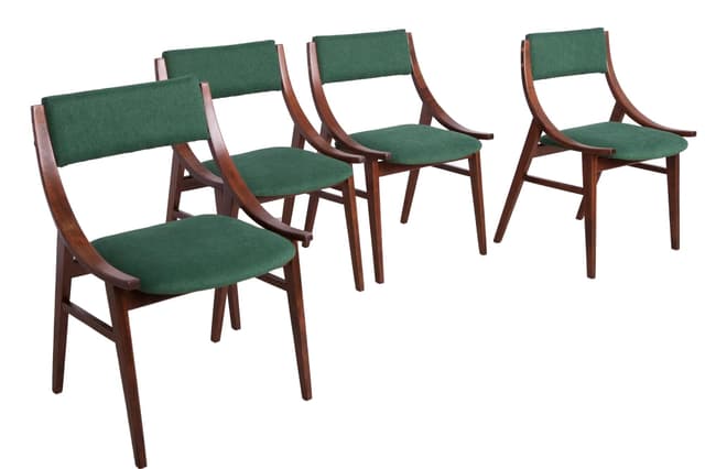 Komplet czterech krzeseł Skoczek, drewno brązowy, tkanina zielony, Zamojska Fabryka Mebli, Polska, lata 70. - WYMIARY