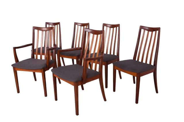 Komplet czterech krzeseł i dwóch foteli, teak, szary, proj. L. Dandy, dla G-Plan, Wielka Brytania, lata 60. - WYMIARY