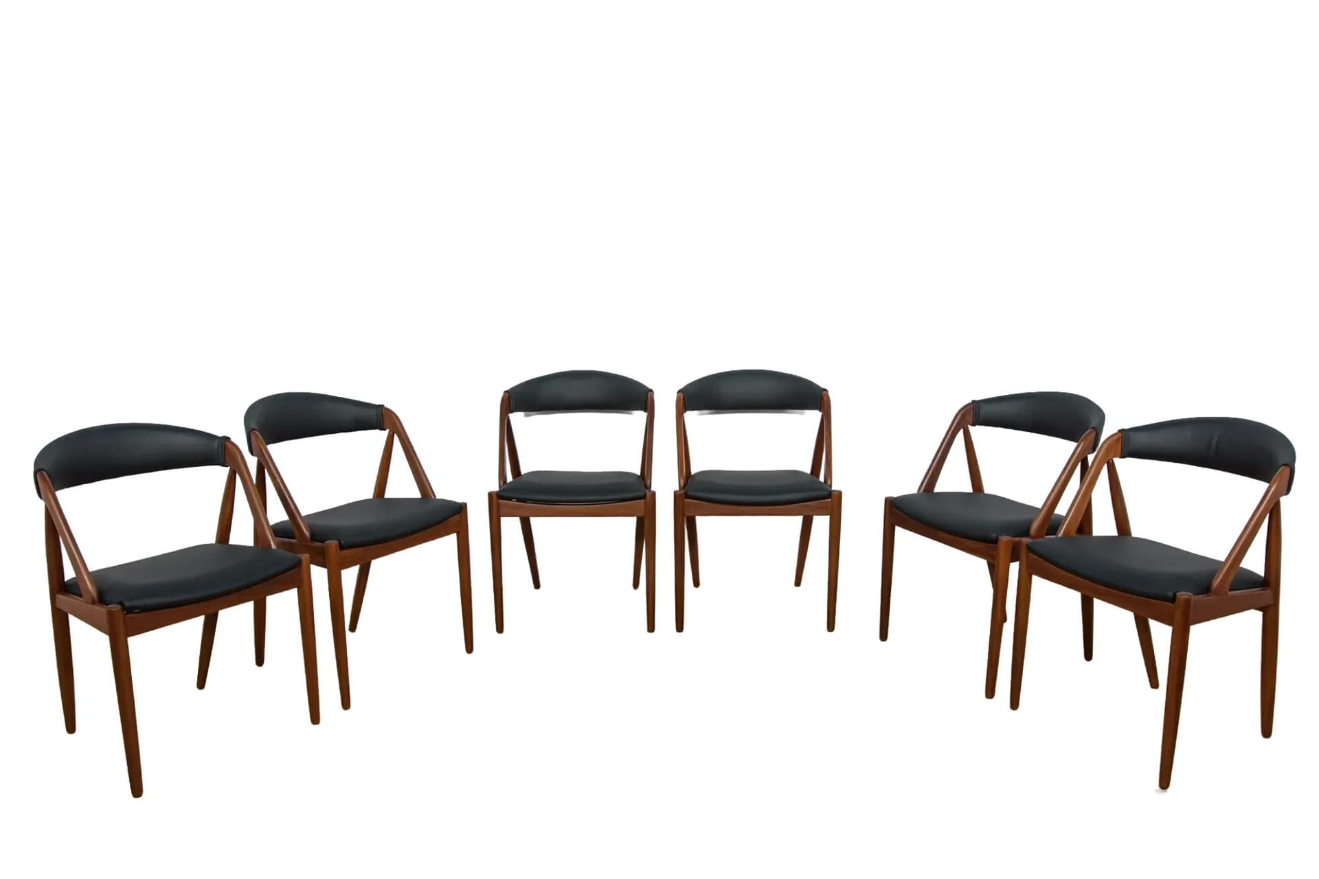 Set of six chairs Model 31, brown teak, black natural leather, by K. Kristiansen, Denmark, 1960s.