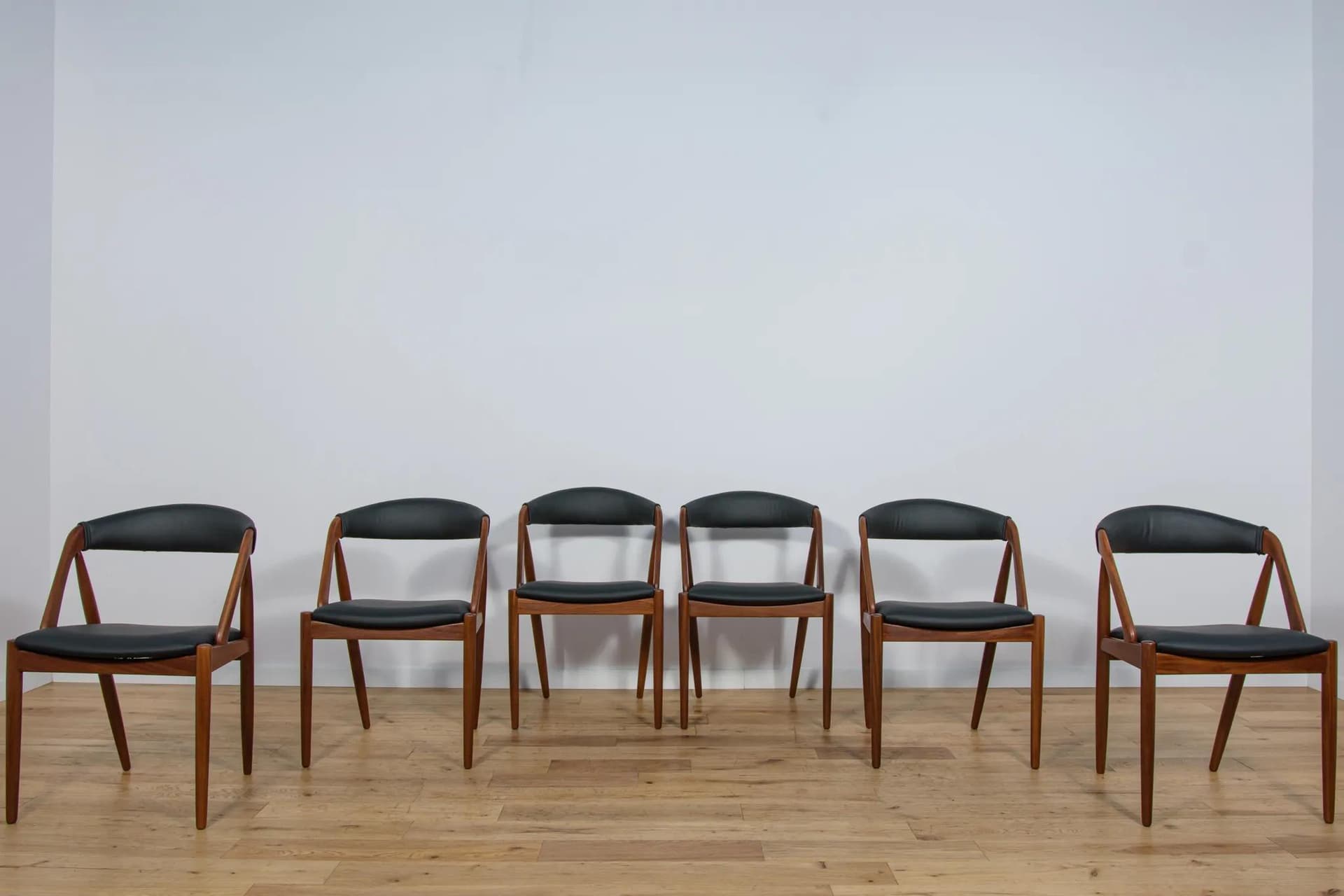 Set of six chairs Model 31, brown teak, black natural leather, by K. Kristiansen, Denmark, 1960s. - 74003