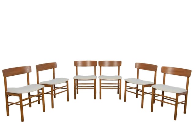 Komplet sześciu krzeseł J39, buk jasnobrązowy, teak jasnobrązowy, tkanina kremowa, proj. B. Mogensen, Dania, lata 50. - WYMIARY