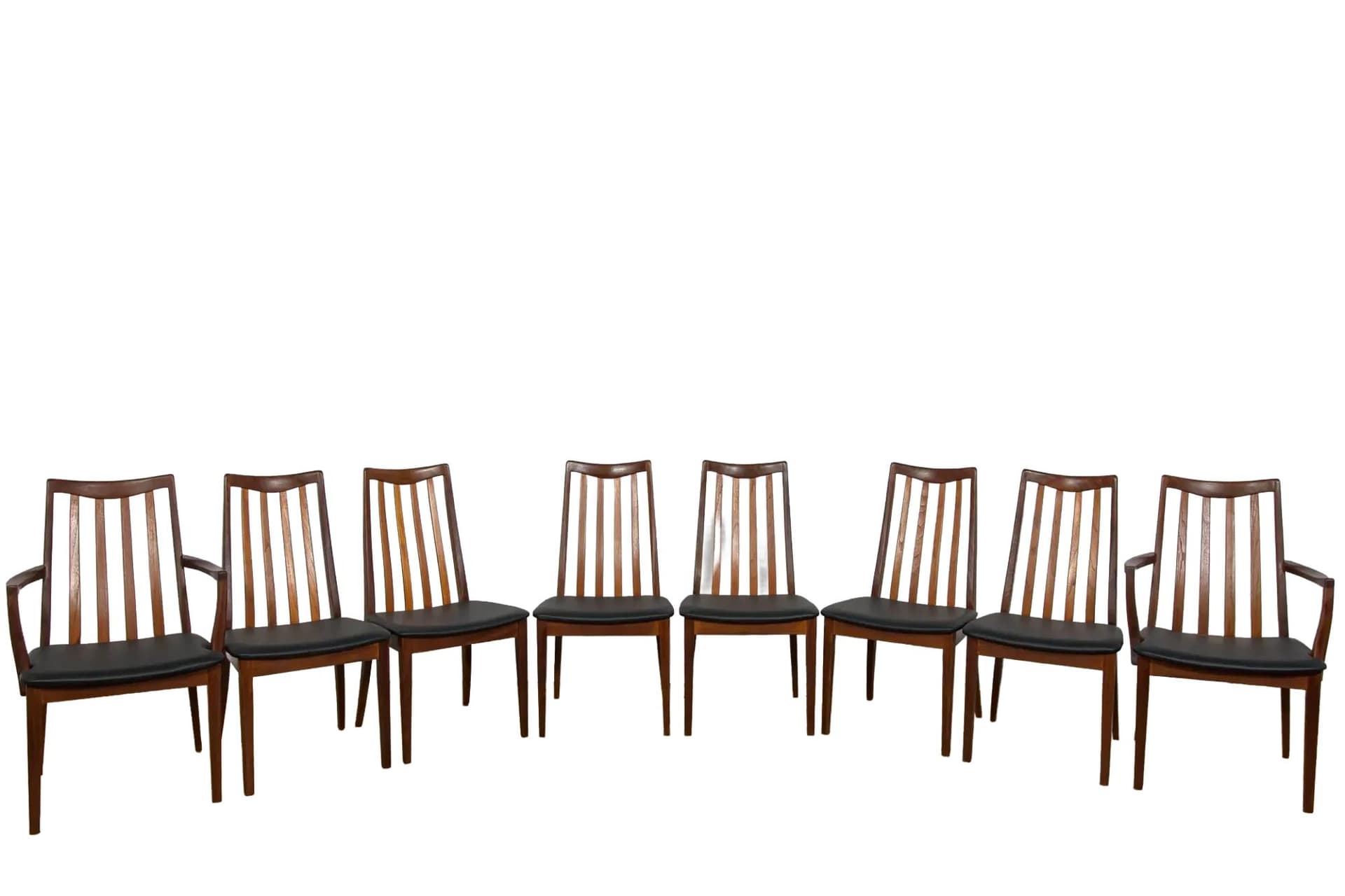 Komplet sześciu krzeseł i dwóch foteli, teak brązowy, skóra czarna, proj. L. Dandy, G-Plan, Wielka Brytania, lata 60.