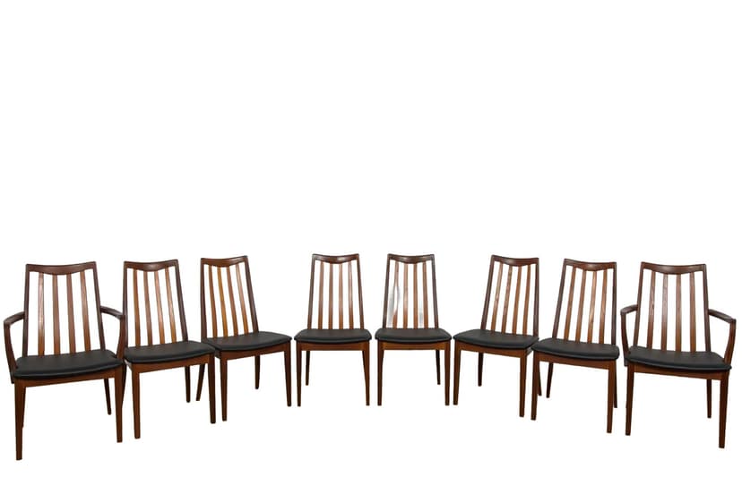 Komplet sześciu krzeseł i dwóch foteli, teak brązowy, skóra czarna, proj. L. Dandy, G-Plan, Wielka Brytania, lata 60.