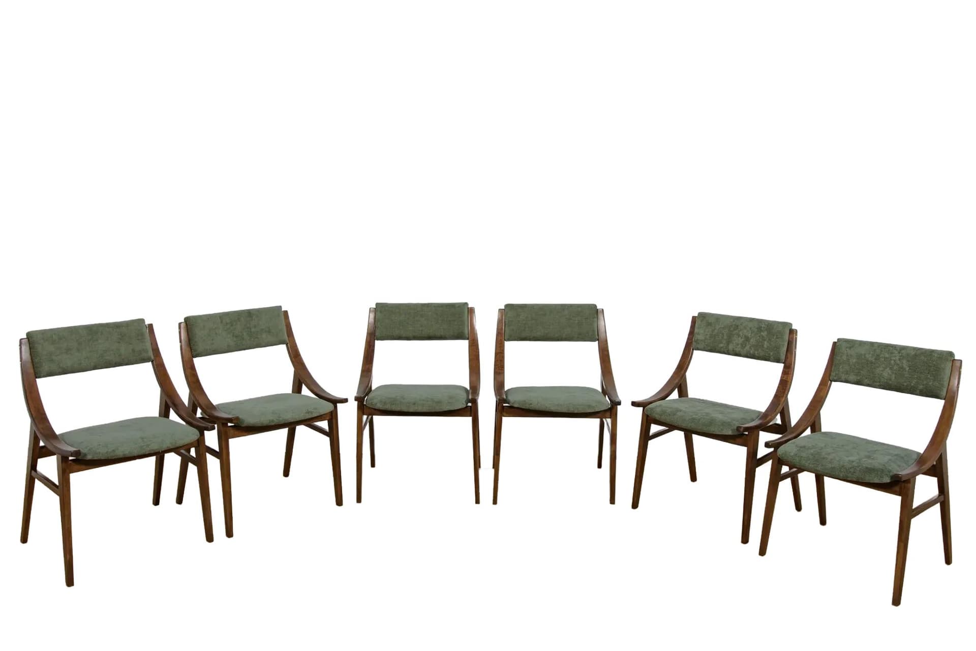 Komplet sześciu krzeseł Skoczek, orzech ciemny, tkanina zielona, proj. J. Kędziorek, Zamojska Fabryka Mebli, Polska, lata 70.