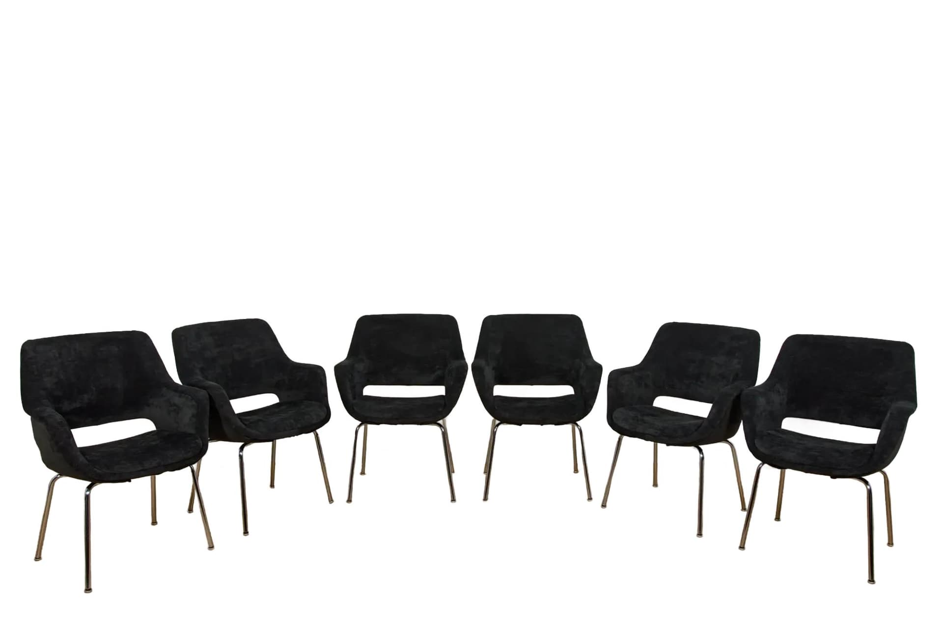 Komplet sześciu foteli Kilta, velvet czarny, chrom, proj. O. Mannermaa, Niemcy, lata 70.