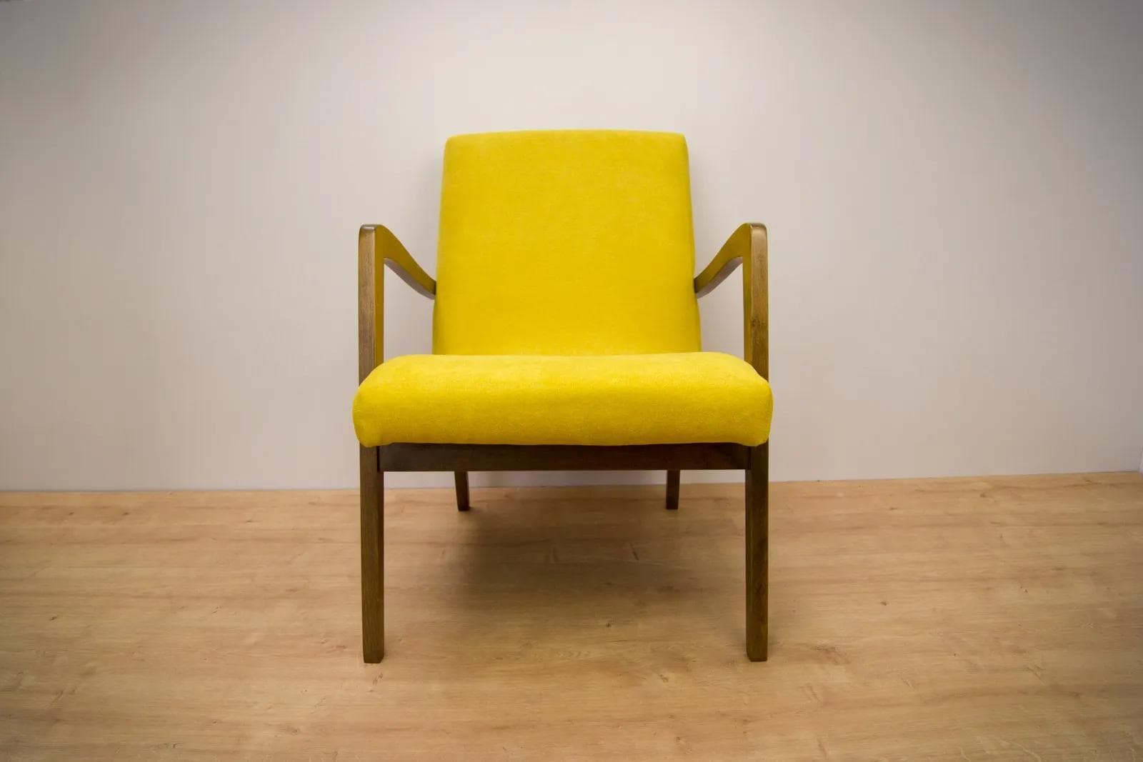 Pair of armchairs model 300-138, yellow fabric, oak-stained beech, Bystrzyckie Fabryki Mebli, Poland, 1960s. - 74827