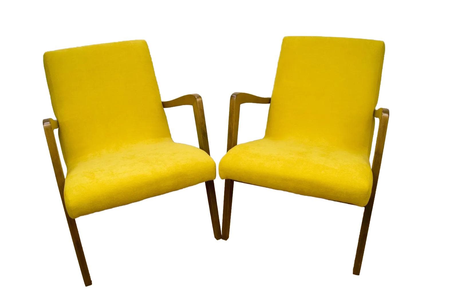 Pair of armchairs model 300-138, yellow fabric, oak-stained beech, Bystrzyckie Fabryki Mebli, Poland, 1960s.