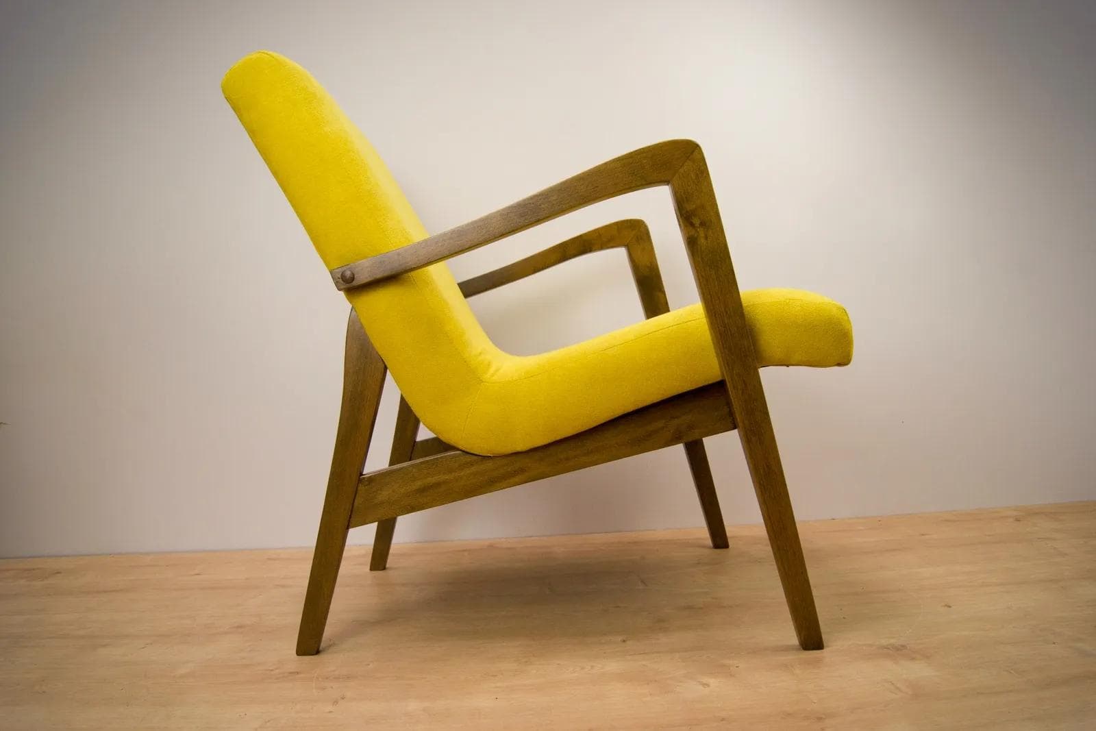Pair of armchairs model 300-138, yellow fabric, oak-stained beech, Bystrzyckie Fabryki Mebli, Poland, 1960s. - 74825
