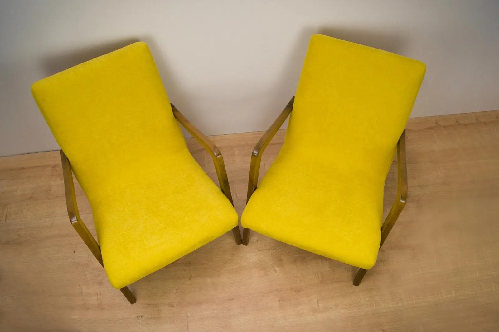 Pair of armchairs model 300-138, yellow fabric, oak-stained beech, Bystrzyckie Fabryki Mebli, Poland, 1960s. - 74829
