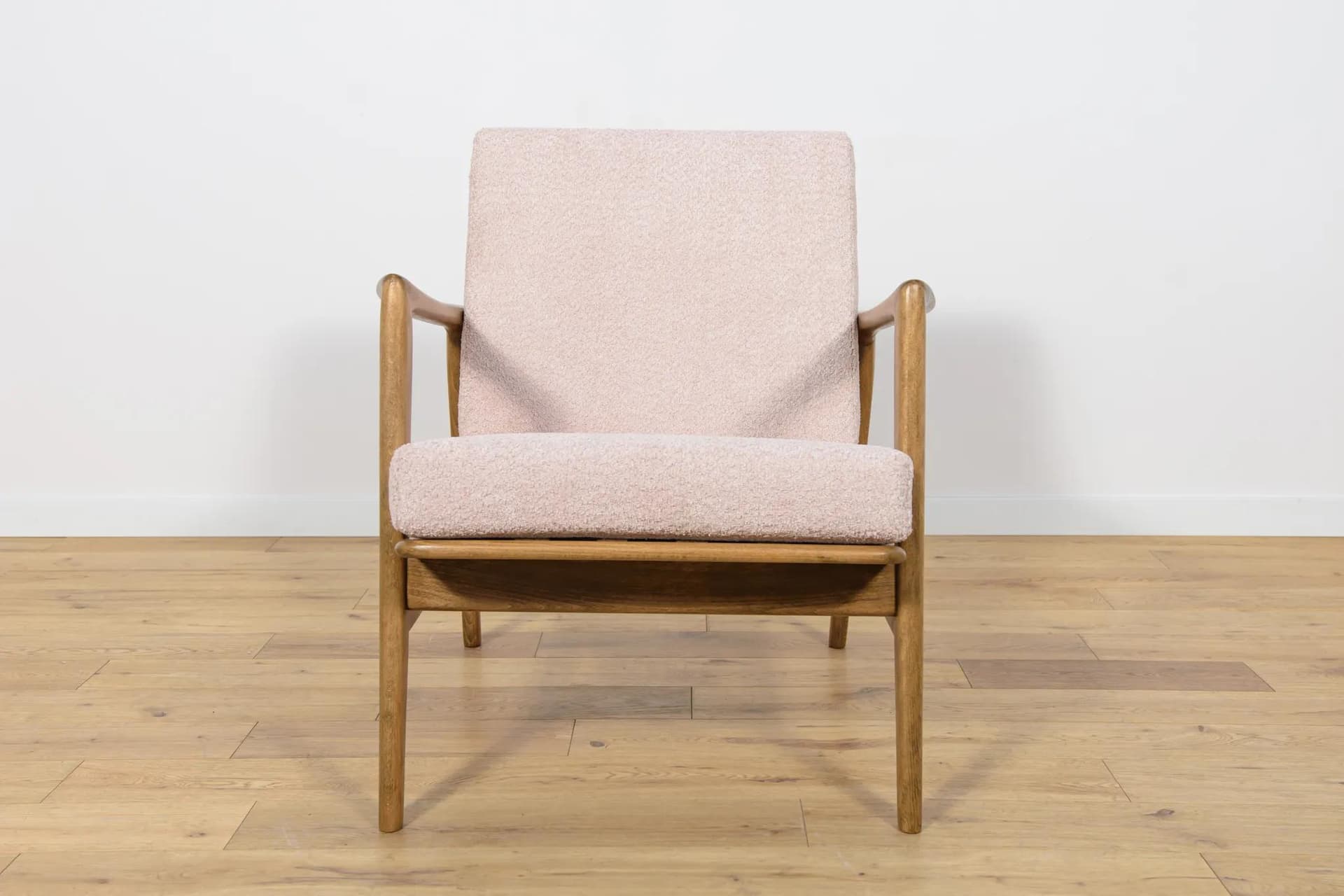 Pair of armchairs 300-139, pink boucle, brown beech, Swarzędzka Fabryka Mebli, Poland, 1960s. - 74674