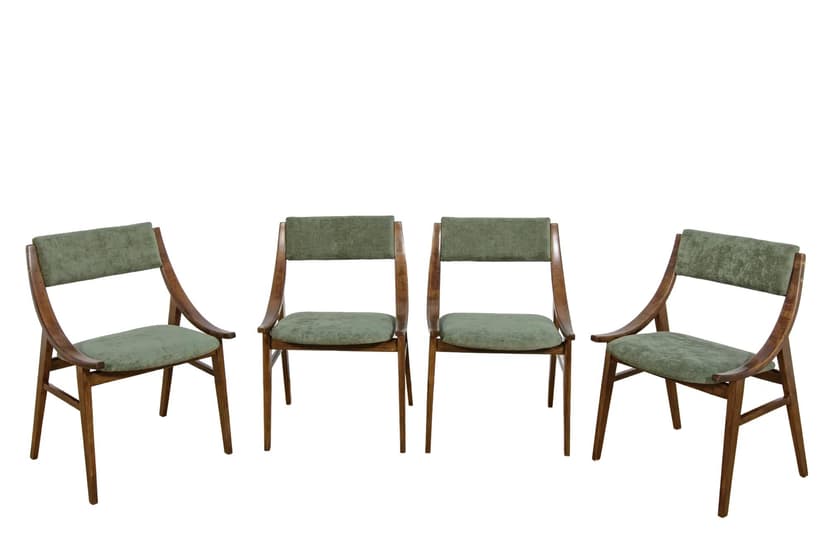 Komplet czterech krzeseł Skoczek, tkanina zielona, buk brazowy, proj. J. Kędziorek, Zamojska Fabryka Mebli, Polska, lata 70.